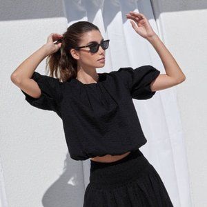AYR The Puff Puff Sleeve Top Black Crinkle XS NWOT
